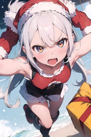 lustration of cute girl, (anime style), (flat:1.5), BREAK, 1girl, solo, (santa claus clothes),white hair, bangs bangs, full body, Looking viewer, (angry:1.5),