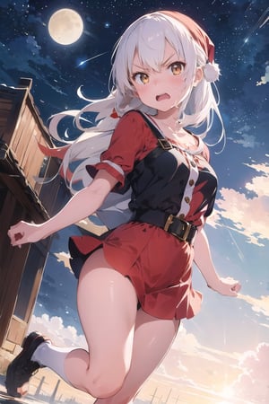 lustration of cute girl, (anime style), (flat:1.5), BREAK, 1girl, solo, (santa claus clothes),white hair, bangs bangs, full body, Looking viewer, (angry:1.5),