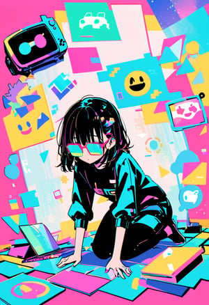 Create a vivid color anime-style illustration featuring a single girl in a dogeza pose, kneeling down with her hands on the ground and bowing until her forehead touches the ground. She has her head down in a traditional seiza position. The scene includes abstract stickers inspired by popular internet culture, capturing the essence without directly referencing specific memes. The aesthetic is characterized by vaporwave themes, including highly saturated colors at a 1.3 intensity, a 3D glasses effect, and no background at a 1.4 intensity. Floating abstract shapes and icons evoke the playfulness of emojis, with a glitching texture adding to the vaporwave and digital theme.