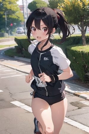  1girl,cute,(anime:1.3), black_hair,jogging, ,(running:1.5),
