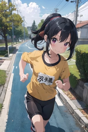  1girl,cute,(anime:1.3), black_hair,jogging, ,(running:1.5),
