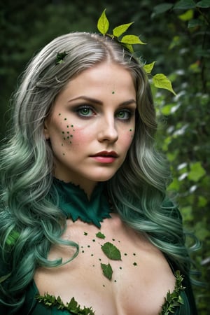 Photorealistic shot of a realistic sensual stunning elegant female, (((32 year old))) european, long silver hair, dark green eyes, ((wearing a dark green costume as Poison Ivy)) - release: 19211110 - ((to cover a fashion magazine)). The (((skin texture is extremely detailed))), ((((showing pores)))), ((slight imperfections)), and natural color variations. The skin is slightly flushed in areas like the cheeks and nose, with subtle veins visible beneath the surface. The lighting is soft and natural, highlighting the smoothness of the skin and creating gentle reflections on areas like the forehead and cheeks. Fine wrinkles and expression lines are visible around the eyes and mouth, giving an authentic and realistic appearance. The skin surface shows a slight natural sheen, with micro-textures like fine vellus hair and small irregularities that add depth and realism. Double exposure, complex art by Alex Stoddar, complex art by Natalia Drepina, complex art by Brooke Shaden. Surreal on a cracked paper, (extremely dynamic), unusual, vintage. 4K. vignette, highly detailed, high budget, bokeh, cinemascope, moody, epic, gorgeous, film grain, grainy, high quality photography, (3 point lighting), flash with softbox, 4k, Canon EOS R3, hdr, smooth, sharp focus, high resolution, award winning action photo, jumping photo, 50mm, wide angle shot, looking_away from the camera, full_length, f2.8, bokeh