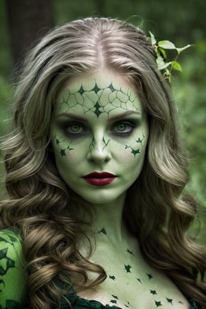 Photorealistic shot of a realistic sensual stunning elegant female, (((33 year old))) european, long silver hair, dark green eyes, ((wearing a dark green costume as Poison Ivy)) - release: 19211280 - ((to cover a fashion magazine)). The (((skin texture is extremely detailed and corpse-like face is totally green))), ((((showing pores)))), ((slight imperfections)), and natural color variations. The skin is slightly flushed in areas like the cheeks and nose, with subtle veins visible beneath the surface. The lighting is soft and natural, highlighting the smoothness of the skin and creating gentle reflections on areas like the forehead and cheeks. Fine wrinkles and expression lines are visible around the eyes and mouth, giving an authentic and realistic appearance. The skin surface shows a slight natural sheen, with micro-textures like fine vellus hair and small irregularities that add depth and realism. Double exposure, complex art by Alex Stoddar, complex art by Natalia Drepina, complex art by Brooke Shaden. Surreal on a cracked paper, (extremely dynamic), unusual, vintage. 4K. vignette, highly detailed, high budget, bokeh, cinemascope, moody, epic, gorgeous, film grain, grainy, high quality photography, (3 point lighting), flash with softbox, 4k, Canon EOS R3, hdr, smooth, sharp focus, high resolution, award winning action photo, jumping photo, 50mm, wide angle shot, looking_away from the camera, full_length, f2.8, bokeh