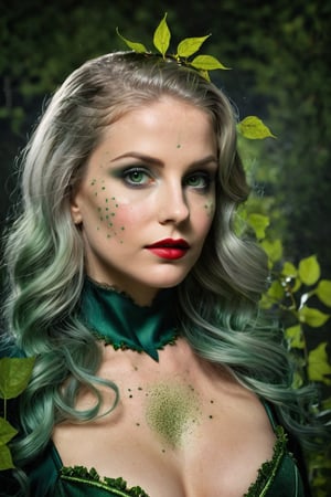 Photorealistic shot of a realistic sensual stunning elegant female, (((38 year old))) european, long silver hair, dark green eyes, ((wearing a dark green costume as Poison Ivy)) - release: 19211110 - ((to cover a fashion magazine)). The (((skin texture is extremely detailed))), ((((showing pores)))), ((slight imperfections)), and natural color variations. The skin is slightly flushed in areas like the cheeks and nose, with subtle veins visible beneath the surface. The lighting is soft and natural, highlighting the smoothness of the skin and creating gentle reflections on areas like the forehead and cheeks. Fine wrinkles and expression lines are visible around the eyes and mouth, giving an authentic and realistic appearance. The skin surface shows a slight natural sheen, with micro-textures like fine vellus hair and small irregularities that add depth and realism. Double exposure, complex art by Alex Stoddar, complex art by Natalia Drepina, complex art by Brooke Shaden. Surreal on a cracked paper, (extremely dynamic), unusual, vintage. 4K. vignette, highly detailed, high budget, bokeh, cinemascope, moody, epic, gorgeous, film grain, grainy, high quality photography, (3 point lighting), flash with softbox, 4k, Canon EOS R3, hdr, smooth, sharp focus, high resolution, award winning action photo, jumping photo, 50mm, wide angle shot, looking_away from the camera, full_length, f2.8, bokeh