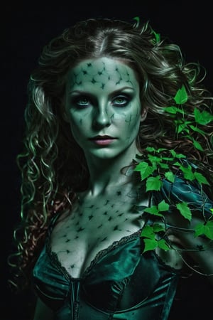 Photorealistic shot of a realistic sensual stunning elegant female, (((38 year old))) european, (((((getting out of the dark))))) long silver hair, dark green eyes, ((wearing a dark green costume as Poison Ivy)) - release: 19211280 - ((to cover a fashion magazine)). The (((skin texture is extremely detailed and corpse-like face is totally green))), ((((showing pores)))), ((slight imperfections)), and natural color variations. The skin is slightly flushed in areas like the cheeks and nose, with subtle veins visible beneath the surface. The lighting is soft and natural, highlighting the smoothness of the skin and creating gentle reflections on areas like the forehead and cheeks. Fine wrinkles and expression lines are visible around the eyes and mouth, giving an authentic and realistic appearance. The skin surface shows a slight natural sheen, with micro-textures like fine vellus hair and small irregularities that add depth and realism. Double exposure, complex art by Alex Stoddar, complex art by Natalia Drepina, complex art by Brooke Shaden. Surreal on a cracked paper, (extremely dynamic), unusual, vintage. 4K. vignette, highly detailed, high budget, bokeh, cinemascope, moody, epic, gorgeous, film grain, grainy, high quality photography, (3 point lighting), flash with softbox, 4k, Canon EOS R3, hdr, smooth, sharp focus, high resolution, award winning action photo, jumping photo, 50mm, wide angle shot, looking_away from the camera, full_length, f2.8, bokeh