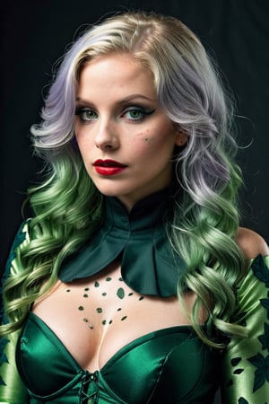 Photorealistic shot of a realistic sensual stunning elegant female, (((38 year old))) european, long silver hair, dark green eyes, ((wearing a dark green costume as Poison Ivy)) - release: 19211110 - ((to cover a fashion magazine)). The (((skin texture is extremely detailed))), ((((showing pores)))), ((slight imperfections)), and natural color variations. The skin is slightly flushed in areas like the cheeks and nose, with subtle veins visible beneath the surface. The lighting is soft and natural, highlighting the smoothness of the skin and creating gentle reflections on areas like the forehead and cheeks. Fine wrinkles and expression lines are visible around the eyes and mouth, giving an authentic and realistic appearance. The skin surface shows a slight natural sheen, with micro-textures like fine vellus hair and small irregularities that add depth and realism. Double exposure, complex art by Alex Stoddar, complex art by Natalia Drepina, complex art by Brooke Shaden. Surreal on a cracked paper, (extremely dynamic), unusual, vintage. 4K. vignette, highly detailed, high budget, bokeh, cinemascope, moody, epic, gorgeous, film grain, grainy, high quality photography, (3 point lighting), flash with softbox, 4k, Canon EOS R3, hdr, smooth, sharp focus, high resolution, award winning action photo, jumping photo, 50mm, wide angle shot, looking_away from the camera, full_length, f2.8, bokeh