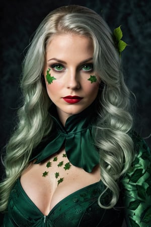 Photorealistic shot of a realistic sensual stunning elegant female, (((38 year old))) european, long silver hair, dark green eyes, ((wearing a dark green costume as Poison Ivy)) - release: 19211110 - ((to cover a fashion magazine)). The (((skin texture is extremely detailed))), ((((showing pores)))), ((slight imperfections)), and natural color variations. The skin is slightly flushed in areas like the cheeks and nose, with subtle veins visible beneath the surface. The lighting is soft and natural, highlighting the smoothness of the skin and creating gentle reflections on areas like the forehead and cheeks. Fine wrinkles and expression lines are visible around the eyes and mouth, giving an authentic and realistic appearance. The skin surface shows a slight natural sheen, with micro-textures like fine vellus hair and small irregularities that add depth and realism. Double exposure, complex art by Alex Stoddar, complex art by Natalia Drepina, complex art by Brooke Shaden. Surreal on a cracked paper, (extremely dynamic), unusual, vintage. 4K. vignette, highly detailed, high budget, bokeh, cinemascope, moody, epic, gorgeous, film grain, grainy, high quality photography, (3 point lighting), flash with softbox, 4k, Canon EOS R3, hdr, smooth, sharp focus, high resolution, award winning action photo, jumping photo, 50mm, wide angle shot, looking_away from the camera, full_length, f2.8, bokeh