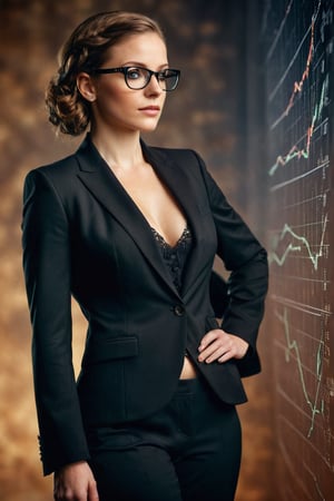 Photorealistic back side shot of a realistic stunning elegant 38 year old woman european in black suit (((looking to the left)), ((((financial charts in the background))), brown eyes with square glasses, release: 19512211 for unusual Linkedin profile photo. Double exposure, complex art by Alex Stoddar, complex art by Natalia Drepina, complex art by Brooke Shaden. Surreal on a cracked paper, extremely dynamic, unusual, vintage. 4K. vignette, highly detailed, high budget, bokeh, cinemascope, moody, epic, gorgeous, film grain, grainy, high quality photography, 3 point lighting, flash with softbox, 4k, Canon EOS R3, hdr, smooth, sharp focus, high resolution, award winning action photo, jumping photo, 50mm, wide angle shot, looking_away from the camera, full_length, f2.8, bokeh, side_view.