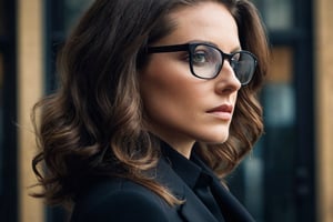 Photorealistic side view shot of a realistic stunning elegant 34 year old architect woman european in black suit (((looking to the right))), dark blonde long hair, brown eyes with square glasses, release: 19512559 for unusual Linkedin profile photo. Double exposure, complex art by Alex Stoddar, complex art by Natalia Drepina, complex art by Brooke Shaden. Surreal on a cracked paper, extremely dynamic, unusual, vintage. 4K. vignette, highly detailed, high budget, bokeh, cinemascope, moody, epic, gorgeous, film grain, grainy, high quality photography, 3 point lighting, flash with softbox, 4k, Canon EOS R3, hdr, smooth, sharp focus, high resolution, award winning action photo, jumping photo, 50mm, wide angle shot, looking_away from the camera, full_length, f2.8, bokeh, side_view.