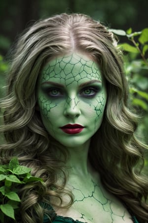 Photorealistic shot of a realistic sensual stunning elegant female, (((33 year old))) european, long silver hair, dark green eyes, ((wearing a dark green costume as Poison Ivy)) - release: 19211280 - ((to cover a fashion magazine)). The (((skin texture is extremely detailed and corpse-like face is totally green))), ((((showing pores)))), ((slight imperfections)), and natural color variations. The skin is slightly flushed in areas like the cheeks and nose, with subtle veins visible beneath the surface. The lighting is soft and natural, highlighting the smoothness of the skin and creating gentle reflections on areas like the forehead and cheeks. Fine wrinkles and expression lines are visible around the eyes and mouth, giving an authentic and realistic appearance. The skin surface shows a slight natural sheen, with micro-textures like fine vellus hair and small irregularities that add depth and realism. Double exposure, complex art by Alex Stoddar, complex art by Natalia Drepina, complex art by Brooke Shaden. Surreal on a cracked paper, (extremely dynamic), unusual, vintage. 4K. vignette, highly detailed, high budget, bokeh, cinemascope, moody, epic, gorgeous, film grain, grainy, high quality photography, (3 point lighting), flash with softbox, 4k, Canon EOS R3, hdr, smooth, sharp focus, high resolution, award winning action photo, jumping photo, 50mm, wide angle shot, looking_away from the camera, full_length, f2.8, bokeh