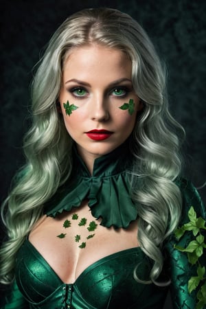 Photorealistic shot of a realistic sensual stunning elegant female, (((38 year old))) european, long silver hair, dark green eyes, ((wearing a dark green costume as Poison Ivy)) - release: 19211110 - ((to cover a fashion magazine)). The (((skin texture is extremely detailed))), ((((showing pores)))), ((slight imperfections)), and natural color variations. The skin is slightly flushed in areas like the cheeks and nose, with subtle veins visible beneath the surface. The lighting is soft and natural, highlighting the smoothness of the skin and creating gentle reflections on areas like the forehead and cheeks. Fine wrinkles and expression lines are visible around the eyes and mouth, giving an authentic and realistic appearance. The skin surface shows a slight natural sheen, with micro-textures like fine vellus hair and small irregularities that add depth and realism. Double exposure, complex art by Alex Stoddar, complex art by Natalia Drepina, complex art by Brooke Shaden. Surreal on a cracked paper, (extremely dynamic), unusual, vintage. 4K. vignette, highly detailed, high budget, bokeh, cinemascope, moody, epic, gorgeous, film grain, grainy, high quality photography, (3 point lighting), flash with softbox, 4k, Canon EOS R3, hdr, smooth, sharp focus, high resolution, award winning action photo, jumping photo, 50mm, wide angle shot, looking_away from the camera, full_length, f2.8, bokeh