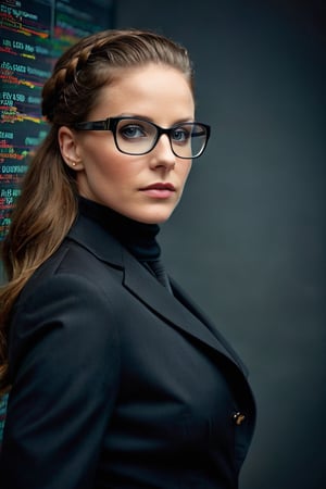 Photorealistic close-up of a realistic stunning elegant 38 year old woman european in black suit (((looking to the left)), ((((financial charts in the background))), brown eyes with square glasses, release: 19512211 for unusual Linkedin profile photo. Double exposure, complex art by Alex Stoddar, complex art by Natalia Drepina, complex art by Brooke Shaden. Surreal on a cracked paper, extremely dynamic, unusual, vintage. 4K. vignette, highly detailed, high budget, bokeh, cinemascope, moody, epic, gorgeous, film grain, grainy, high quality photography, 3 point lighting, flash with softbox, 4k, Canon EOS R3, hdr, smooth, sharp focus, high resolution, award winning action photo, jumping photo, 50mm, wide angle shot, looking_away from the camera, full_length, f2.8, bokeh, side_view.