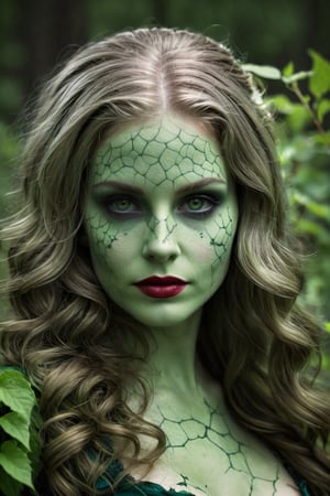 Photorealistic shot of a realistic sensual stunning elegant female, (((33 year old))) european, long silver hair, dark green eyes, ((wearing a dark green costume as Poison Ivy)) - release: 19211280 - ((to cover a fashion magazine)). The (((skin texture is extremely detailed and corpse-like face is totally green))), ((((showing pores)))), ((slight imperfections)), and natural color variations. The skin is slightly flushed in areas like the cheeks and nose, with subtle veins visible beneath the surface. The lighting is soft and natural, highlighting the smoothness of the skin and creating gentle reflections on areas like the forehead and cheeks. Fine wrinkles and expression lines are visible around the eyes and mouth, giving an authentic and realistic appearance. The skin surface shows a slight natural sheen, with micro-textures like fine vellus hair and small irregularities that add depth and realism. Double exposure, complex art by Alex Stoddar, complex art by Natalia Drepina, complex art by Brooke Shaden. Surreal on a cracked paper, (extremely dynamic), unusual, vintage. 4K. vignette, highly detailed, high budget, bokeh, cinemascope, moody, epic, gorgeous, film grain, grainy, high quality photography, (3 point lighting), flash with softbox, 4k, Canon EOS R3, hdr, smooth, sharp focus, high resolution, award winning action photo, jumping photo, 50mm, wide angle shot, looking_away from the camera, full_length, f2.8, bokeh