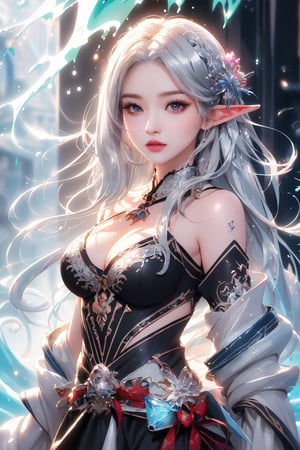 (masterpiece, top quality, best quality, official art, beautiful and aesthetic:1.2), (1girl:1.2),elf, cute, extreme detailed,(silver_hair:1.1), fate \(series\), colorful,highest detailed, fire, ice, lightning, (splash_art:1.2), jewelry:1.4, hanfu, scenery, ink,1 girl,Breasts 