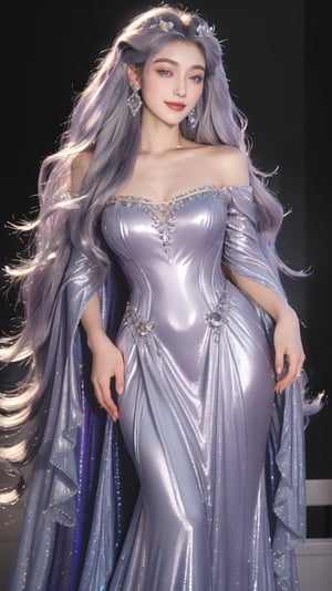 8k, (absurdres, highres, ultra detailed),space princess is a sight to behold, her flowing gown shimmers with ethereal hues of deep purple and silver, adorned with intricate lacework and embellished with sparkling gemstones. Her long hair cascades in iridescent waves, framing a face that radiates pure beauty and grace. resulting in a breathtaking masterpiece that leaves the viewer in awe.light smile,straight-on, smoke and shadows,y2k, big breast
