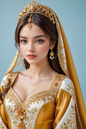 beautiful slavic woman, Visualize an exquisite Valencian ethnic costume inspired by Europe, The gown features a lavish display of gold embroidery, intricately weaving floral motifs and delicate patterns across the fabric. The luxurious dress, reminiscent of noblewomen's bridal attire, emanates opulence with its finely crafted details,  big tit