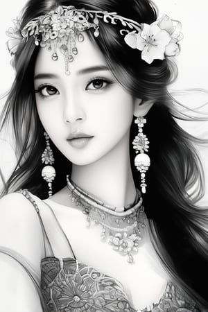 a breathtakingly glamorous girl with intricate facial features emanating mesmerizing beauty adorned with necklace and head ornament, feminine, long hair, very long hair,  absurdres, bright large eyes, ulzzang,monochome, greyscale, pencil sketch, charcoal rendering