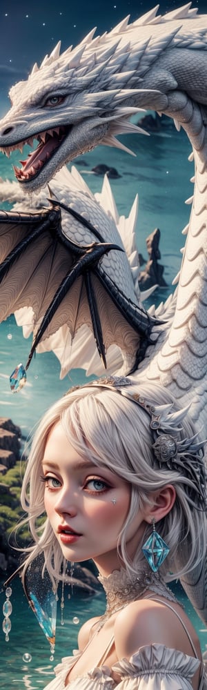 ((masterpiece, best quality)), cute girl, white hair, white dress, rest, white dragon behind, sparkle, water, hd, mix of fantastic and realistic elements,uhd image,crystal clear translucency,vibrant artwork,3d style