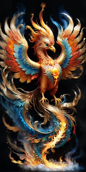 Craft a visually stunning and ethereal depiction of a fantasy fire phoenix, radiating breathtaking beauty with its majestic flames. Picture the phoenix against a mesmerizing backdrop, capturing the essence of its fiery essence in a way that evokes wonder and awe. Envision a scene that seamlessly blends the mythical elegance of the phoenix with the enchanting allure of its surroundings,dragon chinese