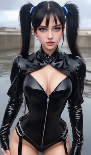 Beautiful girl. 18 y.o, She is very badass, she wears a very luxurious outfit. detailed image, detailed skin, upper body, looking at viewer, twintails cut black hair, glossy blue eyes. Wet look sexy lips, ((masterpiece: 1.2)), light particles, light particles in background