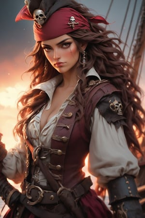 Talia Morgulis, 18th century pirate captain, exudes sensual beauty as she commands her ship on the deck. Her vivid eyes sparkle beneath a cascade of smooth, long brown ponytail hair that flows like treasure down her back. She wears traditional Burgundy attire, accentuating her commanding presence. In a dynamic pose, she stands mid-body shot, radiating mesmerizing power. The background pirate ship glides smoothly into the frame, while bokeh and masterful volumetric lighting create an epic atmosphere. Intricate intense colors, vibrant hues, and chromatic aberration evoke a sense of epic fantasy. A powerful aura surrounds her, infused with passionate, sensual, and sexy energy. Oil paint-like textures and chiaroscuro tenebrism add depth to this masterpiece, worthy of artstation, behance, or deviantart. Inspired by innocent manga and video game concept art, this stunning piece is Extremely Realistic in UHD, 8K, with sharp focus and breathtaking detail.