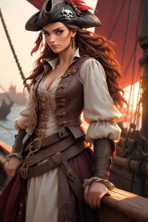 Talia Morgulis, the 18th Century Pirate Captain, stands tall on the deck of her ship, her vivid eyes piercing the horizon. Her smooth, long brown ponytail flows like a river down her back as she wears her traditional Burgundy Pirate outfit with confidence. In mid-body shot, she strikes a dynamic pose, exuding sensual beauty and mesmerizing charm. The pirate ship's wooden planks glisten in the warm sunlight, casting a sense of adventure and power. Her fiery aura commands attention, drawing the viewer in with an intense, passionate gaze. Oil paint textures and chiaroscuro lighting enhance the highly detailed masterpiece, with bokeh and volumetric lighting creating a sharp focus and depth.