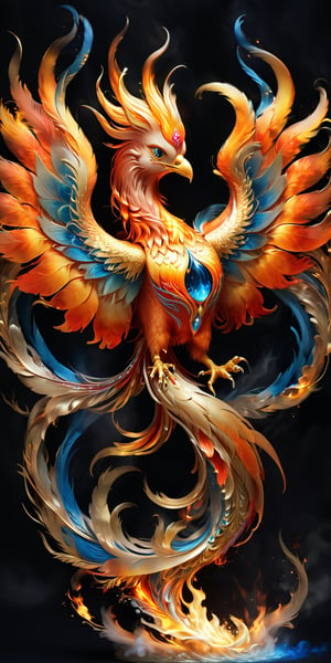 Craft a visually stunning and ethereal depiction of a fantasy fire phoenix, radiating breathtaking beauty with its majestic flames. Picture the phoenix against a mesmerizing backdrop, capturing the essence of its fiery essence in a way that evokes wonder and awe. Envision a scene that seamlessly blends the mythical elegance of the phoenix with the enchanting allure of its surroundings,dragon chinese