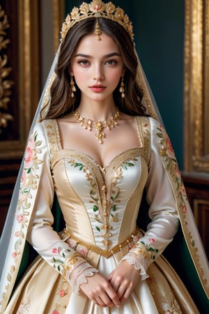 beautiful slavic woman, Visualize an exquisite Valencian ethnic costume inspired by the 18th century Europe, The gown features a lavish display of gold embroidery, intricately weaving floral motifs and delicate patterns across the fabric. The luxurious dress, reminiscent of noblewomen's bridal attire, emanates opulence with its finely crafted details,  j cup breast.