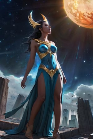 Generate hyper realistic image of a fallen goddess  standing amidst celestial ruins, wearing an expression of deep regret. Mournful Celestial Regret depicts the sorrowful aftermath of a god's choices that led to their own downfall.
