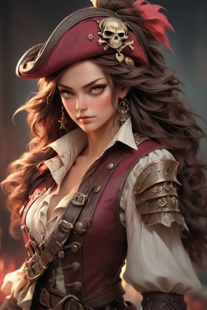 Sensual Beauty (Talia Morgulis) 18-th Century Pirate Captain, (vivid eyes), smooth long Brown ponytail hair, wearing, (traditional 18-th century Burgundy Pirate outfit), Commanding her ship, ((Pirate ship deck Background)) , (dynamic pose, random pose, modeling:1.4), (Mid body shot), sensual, beautiful, mesmerizing, concept art, highly detailed, artstation, behance, deviantart, inspired by innocent manga, inspired by video game concept art, trending, ayami kojima, shinichi sakamoto, Extremely Realistic, UHD, 8K, sharp focus, highly detailed masterpiece, bokeh, masterful volumetric lighting, epic light, intricate, intense colors, vibrant colors, chromatic aberration, epic fantasy, powerful aura, passionate, sensual, sexy, fiery,oil paint,Movie Poster,oil painting, chiaroscuro, tenebrism