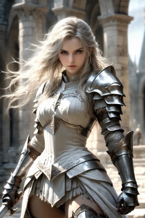 European style, fantasy, solo, cute girl, knight outfit, white & silver long hair, battle, faithing, enemy, ruins, holding long sword, (masterpiece), (best quality), (ultra-detailed), (an extremely delicate and beautiful), ((textile shading)), (caustics), (((sharp focus))), big breast 