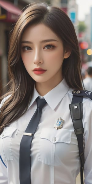 Generate hyper realistic image of a beautiful policewoman with long, flowing blonde hair, captivating brown eyes, and a confident gaze directed at the viewer. Dressed in a realistic police uniform with a prominent belt, her lips express determination and authority. The scene exudes a sense of security and professionalism, capturing the essence of a dedicated law enforcement officer.,hubggirl,taiwan,LinkGirl