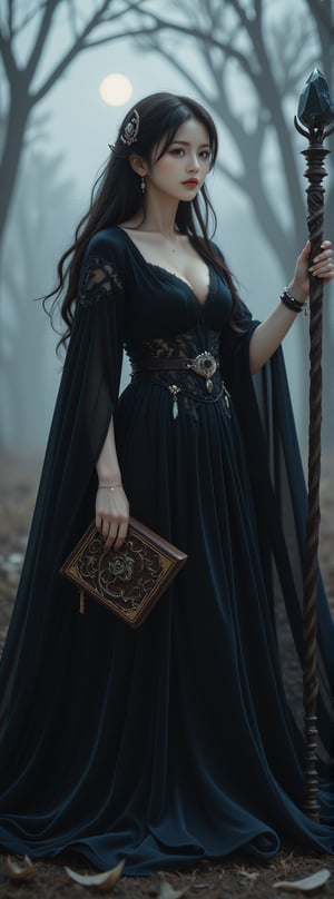 A striking dark witch with an aura of mystery and power; she is cloaked in a flowing, shadowy gown made of rich velvet and lace, adorned with intricate patterns of thorny vines and crescent moons. Her attire is accented by a corseted bodice and long, draping sleeves that add to her imposing presence. Her hair is raven-black, cascading in wild waves around her shoulders, with a single lock adorned by a silver charm shaped like a raven's feather.

Her eyes are piercing and enigmatic, glowing faintly with an otherworldly light. In one hand, she holds an ancient grimoire bound in leather and etched with arcane symbols; in the other, she wields a twisted staff topped with an obsidian crystal that pulsates with dark energy.

The setting is a mist-laden forest at midnight under a moonless sky, where twisted trees loom ominously in the background. Wisps of fog curl around her feet as shadows dance mysteriously across the landscape. This image captures the essence of dark fantasy with hyperdetailed 16K resolution HDR to highlight every nuance of texture and atmosphere.