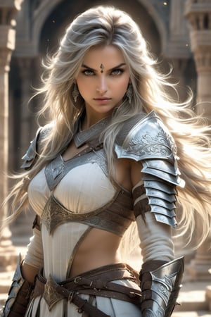 Indian style, fantasy, solo, cute girl, knight outfit, white & silver long hair, battle, faithing, enemy, ruins, holding long sword, (masterpiece), (best quality), (ultra-detailed), (an extremely delicate and beautiful), ((textile shading)), (caustics), (((sharp focus))), big breast 