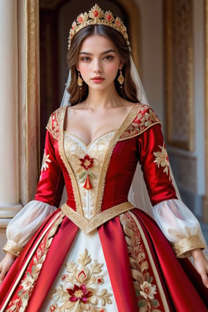 beautiful slavic woman, Visualize an exquisite Valencian ethnic costume inspired by the 18th century Europe, The gown features a lavish display of gold embroidery, intricately weaving floral motifs and delicate patterns across the fabric. The luxurious dress, reminiscent of noblewomen's bridal attire, emanates opulence with its finely crafted details,  big breast size 