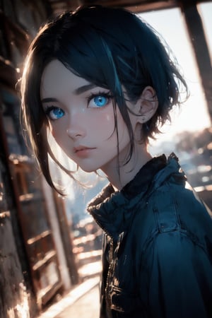 atmospheric scene, masterpiece, best quality, (detailed face, detailed skin texture), (cinematic light: 1.1), High detailed, Color magic, 1female, black hair, (blue highlight: 1.2), short hair, wolfcut, blue eyes, pretty eyes, hoshimachi suisei,
