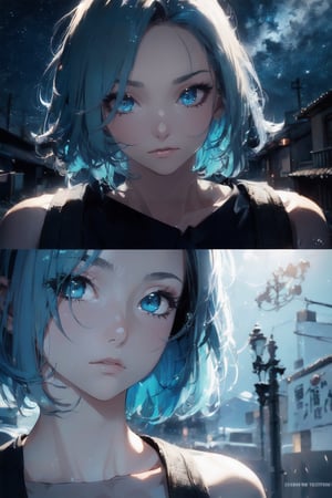 atmospheric scene, masterpiece, best quality, (detailed face, detailed skin texture), (cinematic light: 1.1), High detailed, Color magic, 1female, black hair, (blue highlight: 1.7), (short hair, wolfcut), blue eyes, pretty eyes, starry eyes, hoshimachi suisei,