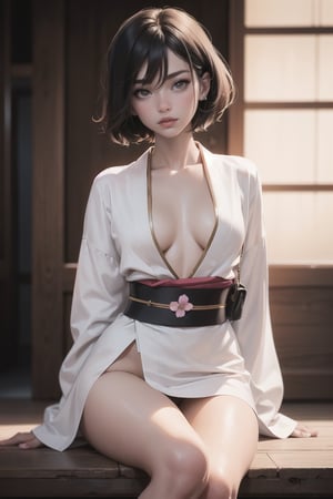 SFW, atmospheric scene, masterpiece, best quality, (detailed face, detailed skin texture), (cinematic light: 1.1), 1girl, better_hand, perfect hands, bangs, hair between eyes, (veryshorthair), (pinkeyes), seductive pose, (tidy kimono, colourful), white_stocking, cherryblossom tattoos, blossoms, collarbone,  ((covered flat chest)), covered small breast, wide hip, curvy thigh,