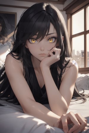 atmospheric scene, masterpiece, best quality, (detailed face, detailed skin texture), (cinematic light: 1.1), 1female, full body, better_hand, perfect hands, (black hair), (long hair), yellow eyes, slit pupil, yellow eyes, slit pupil, emotionless, dark_skin, muscular_body, laying down, indoors,