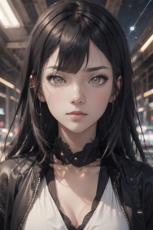 atmospheric scene, masterpiece, best quality, (detailed face, detailed skin texture), (cinematic light: 1.1), High detailed, Color magic, 1female, (full body), long hair, black hair, (silver highlight: 1.0), (yellow eyes), slit pupil, pretty eyes, starry eyes, hoshimachi suisei, jacket, ASU1