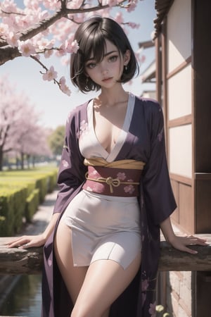 SFW, atmospheric scene, masterpiece, best quality, (detailed face, detailed skin texture), (cinematic light: 1.1), 1girl, better_hand, perfect hands, bangs, hair between eyes, (veryshorthair), pinkeyes, seductive pose, (tidy kimono, colourful), white_stocking, cherryblossom tattoos, blossoms, collarbone,  ((covered flat chest)), covered small breast, wide hip, curvy thigh,