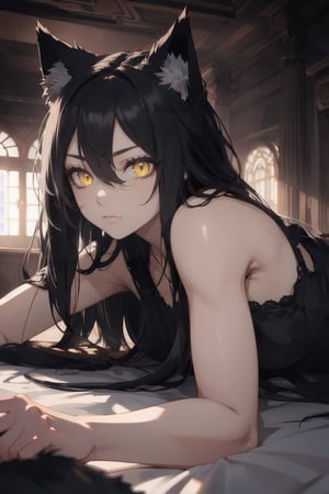 atmospheric scene, masterpiece, best quality, (detailed face, detailed skin texture), (cinematic light: 1.1), 1female, monster girl, wolf, full body, better_hand, perfect hands, (black hair), (long hair), yellow eyes, slit pupil, yellow eyes, slit pupil, emotionless, muscular_body, laying down, indoors,