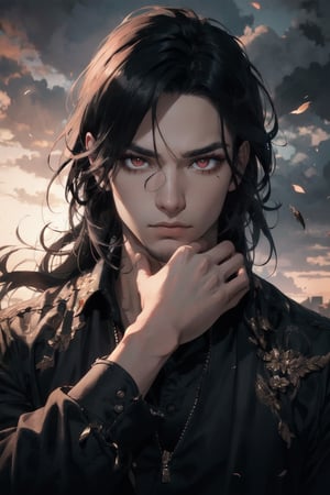 atmospheric scene, masterpiece, best quality, (detailed face, detailed skin texture), (cinematic light: 1.1), 1male, full_body, better_hand, perfect hands, (black hair), (long hair), red eyes, slit pupil, red eyeliner, :), 