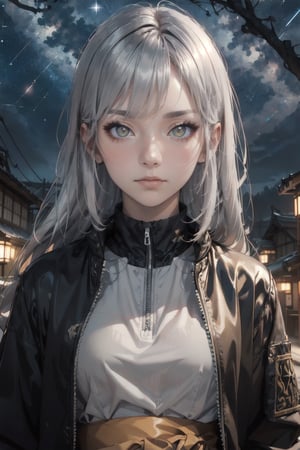 atmospheric scene, masterpiece, best quality, (detailed face, detailed skin texture), (cinematic light: 1.1), High detailed, Color magic, 1female, (full body), long hair, black hair, (silver highlight: 1.2), (yellow eyes), slit pupil, pretty eyes, starry eyes, hoshimachi suisei, jacket, ASU1