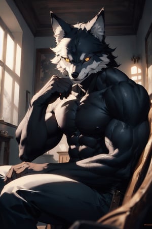 atmospheric scene, masterpiece, best quality, (detailed face, detailed skin texture), (cinematic light: 1.1), 2male, monster man, wolf, full body, better_hand, perfect hands, (black hair), (short hair), yellow eyes, slit pupil, suggestive smile, muscular_body, sitting, indoors,