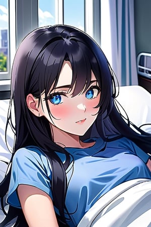 A 20-year-old female with long black hair and blue eyes is lying in a hospital bed looking out the window.
Hospital ward in the background
