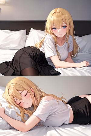 Masterpiece, masterpiece.
A 20 year old woman with long yellow hair is lying on a bed wearing a white short sleeved top and black skirt with both eyes closed tightly.
Large hotel bed in background.
Full body.