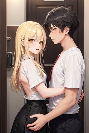 Masterpiece, masterpiece.
A 20 year old male with short black hair wearing a white shirt top back a 20 year old female with long yellow hair wearing a white short-sleeved top with a black skirt.
background in front of the hotel lobby door.