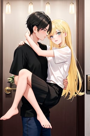 Masterpiece, masterpiece.
A man carrying a woman on his back.
(a 20-year-old man with short black hair wearing a white shirt top).
(a 20-year-old woman with long yellow hair wearing a white short-sleeved blouse black skirt).
background in front of the hotel lobby door.