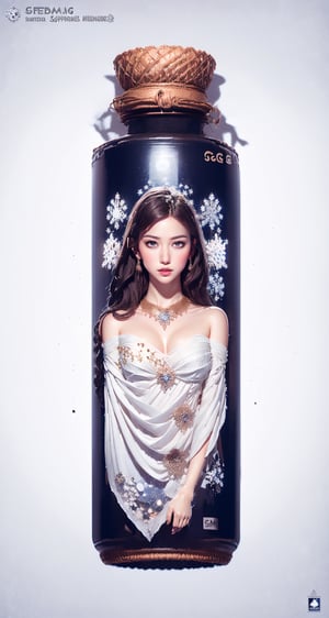 (Masterpiece, Superior） 
(Masterpiece, Superior, Superb, Official Art, Beautiful :1.2), A young girl, long black hair , white dress,em (typography),
(container, bottle), center stage, snowflake background ,
,SGBB
<em><u>phgls,milokk,milokk,milokk